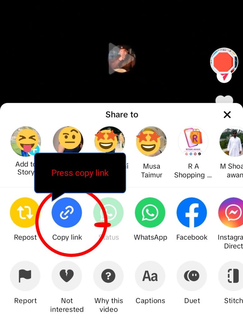 Screenshot of a TikTok video showing "Copy link" button which is used to Copy s TikTok video link